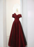 Uniwim 2024 A-line Off Shoulder Wine Red Tulle Long Party Dress, Wine Red and Black Prom Dress