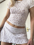 Uniwim All Over Lace Print Short Sleeve Tee & Mini Skirt Set