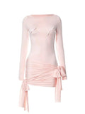 Uniwim Pink Bow Decor Shirred Lace Up Mini Dress