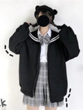 Uniwim Kawaii Zip Up Hoodies Black Japanese Preppy Style Sailor Collar Sweatshirts Sweet Lolita Coats Loose Cute Top Soft Girl