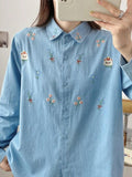 Uniwim ootd Vintage Bear Flower Embroidery Denim Blouses&Shirts