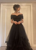 Uniwim 2024 Black Tulle Sweetheart Off Shoulder Long Party Dress, A-line Black Prom Dress