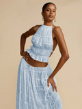 Uniwim Backless lace-up halter top set and two-piece chiffon pleated long skirt with earrings