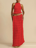 Uniwim Backless lace-up halter top set and two-piece chiffon pleated long skirt with earrings