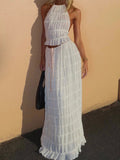 Uniwim Backless lace-up halter top set and two-piece chiffon pleated long skirt with earrings