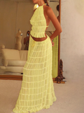 Uniwim Backless lace-up halter top set and two-piece chiffon pleated long skirt with earrings