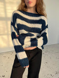 Uniwim New round neck striped loose lazy versatile long-sleeved knitted sweater