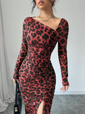 Uniwim New Women's Round Neck Long Sleeve Sexy Leopard Print High Waist Hottie Dress