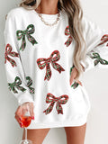 Uniwim New Year Christmas Women's Bow Sequin Round Neck Loose Sweater