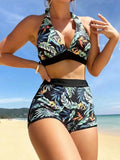 Uniwim Splicing print halter neck split bikini bikini sexy high waist swimsuit