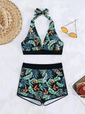 Uniwim Splicing print halter neck split bikini bikini sexy high waist swimsuit