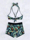 Uniwim Splicing print halter neck split bikini bikini sexy high waist swimsuit