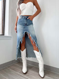 Uniwim New high waist irregular raw edge denim skirt for women old washed skirt