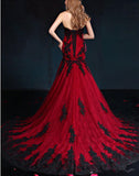 Uniwim Wine Red Mermaid Long Party Dress with Black Lace, Mermaid Tulle Prom Dress